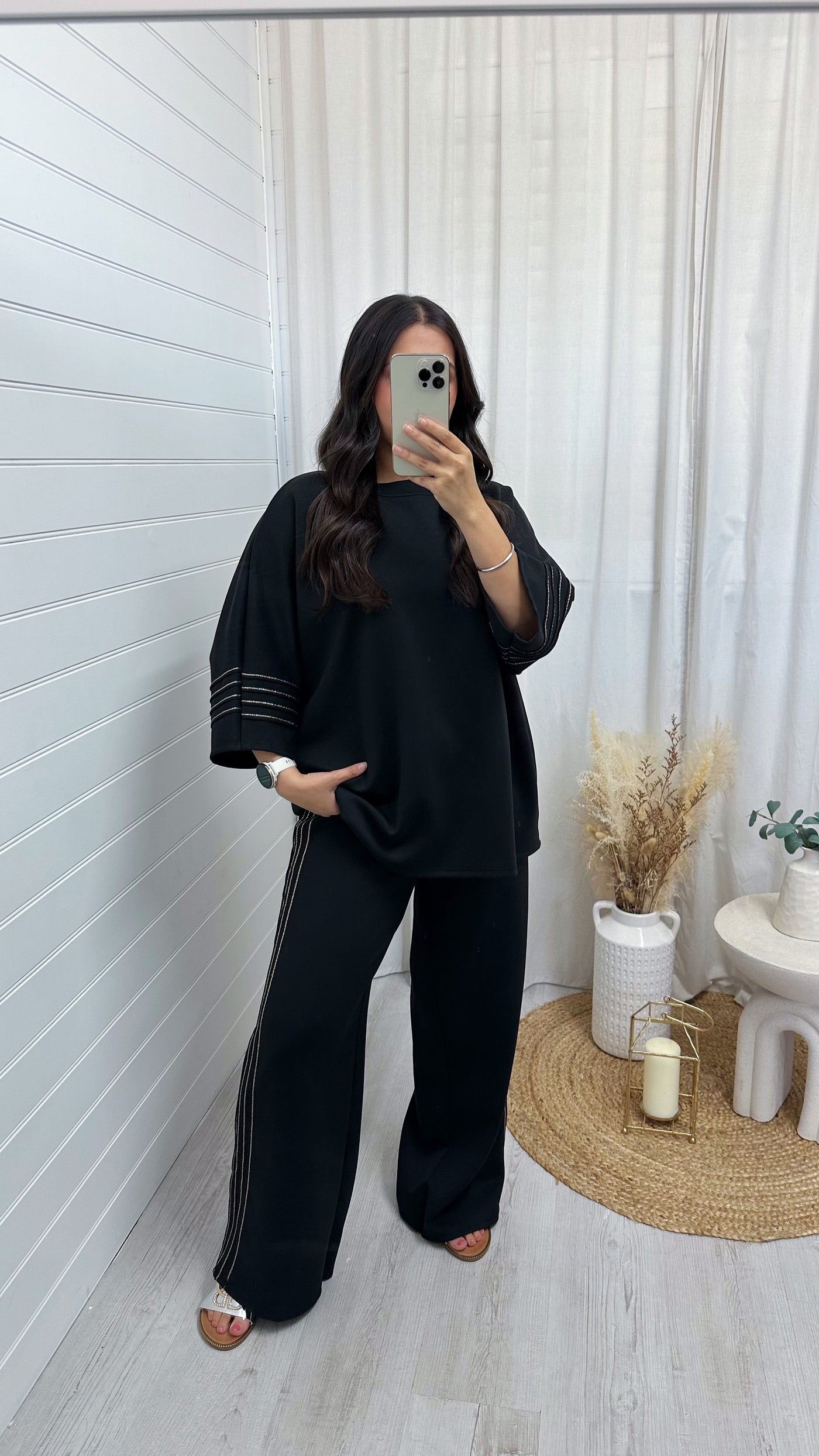 Gold Stripe Oversized Top and Wide Leg Trousers Co-Ord - BLACK