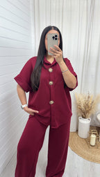 Celestial Gold Button Shirt and Straight Leg Trousers Co-Ord - WINE