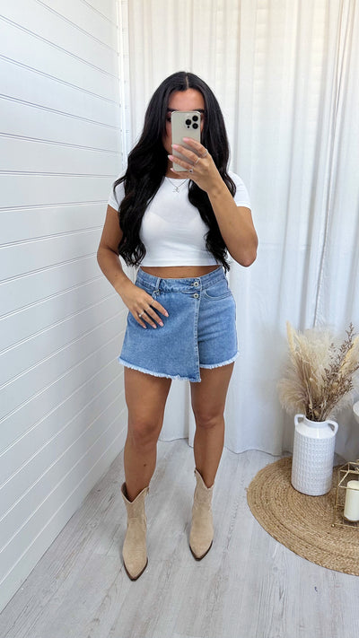 High Waisted Wrap Over Stretchy Denim Skort - DENIM BLUE