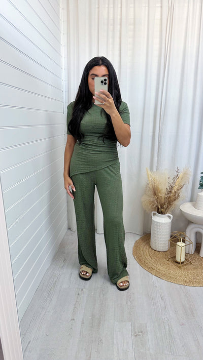 Cheesecloth Asymmetric Top and Trousers Co-Ord - KHAKI