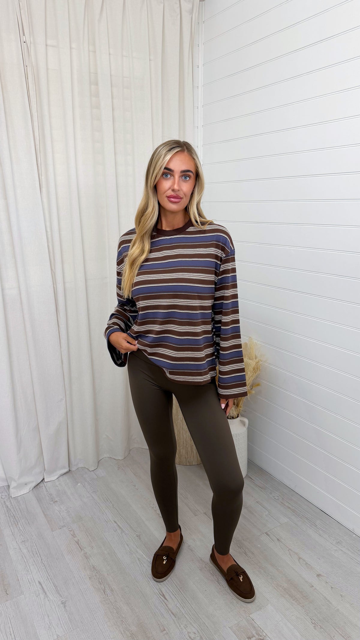 Relaxed Long Sleeve Stripe T-Shirt - BLUE/BROWN
