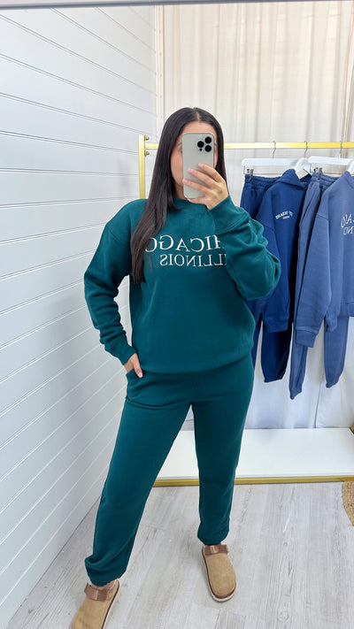 Chicago Embroidered Sweatshirt and Joggers Tracksuit - FOREST GREEN