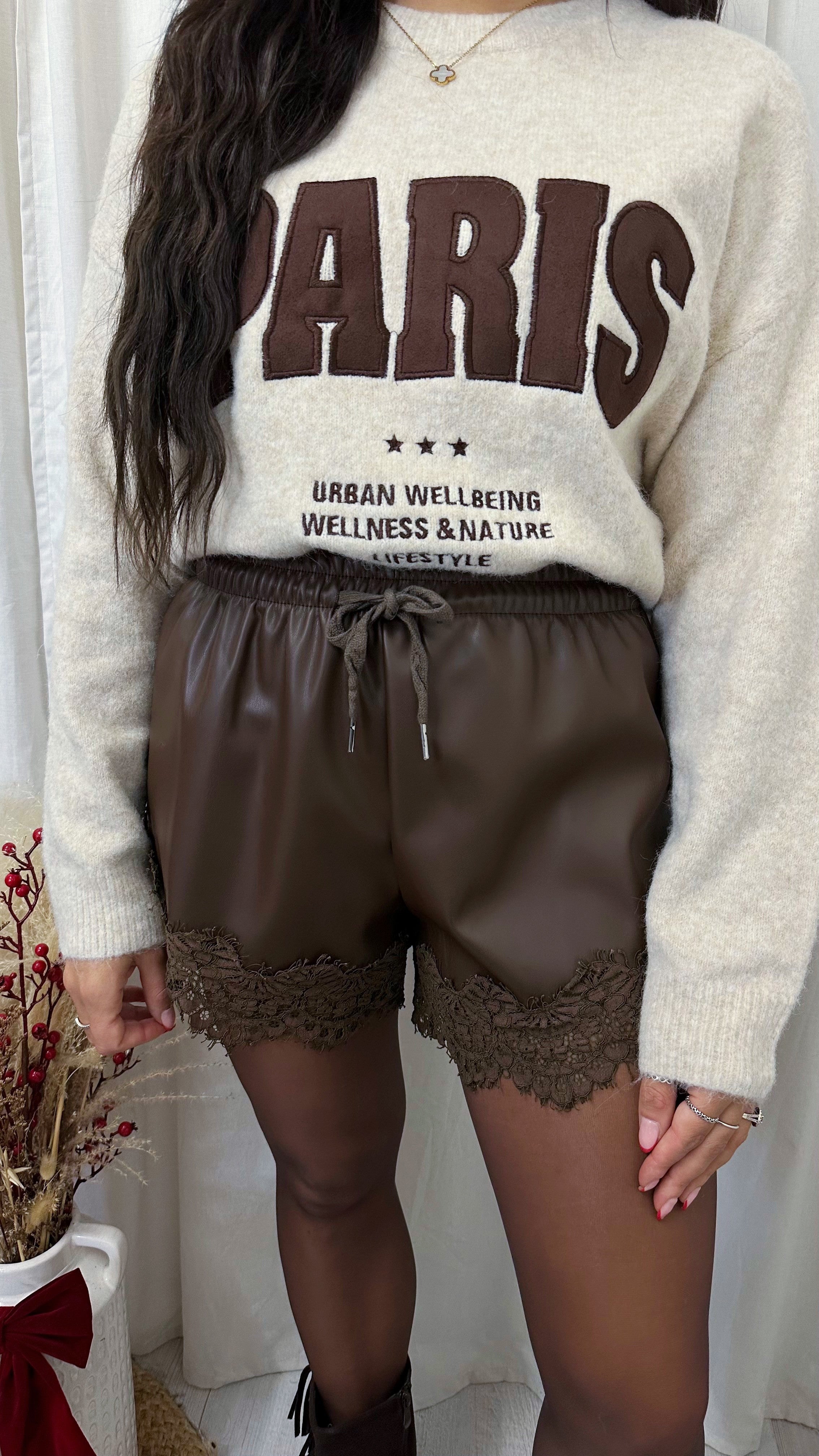 Lace Trim PU Shorts - BROWN