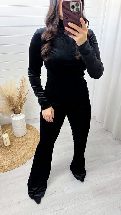 High Waisted Slim Fit Velvet Trousers - BLACK