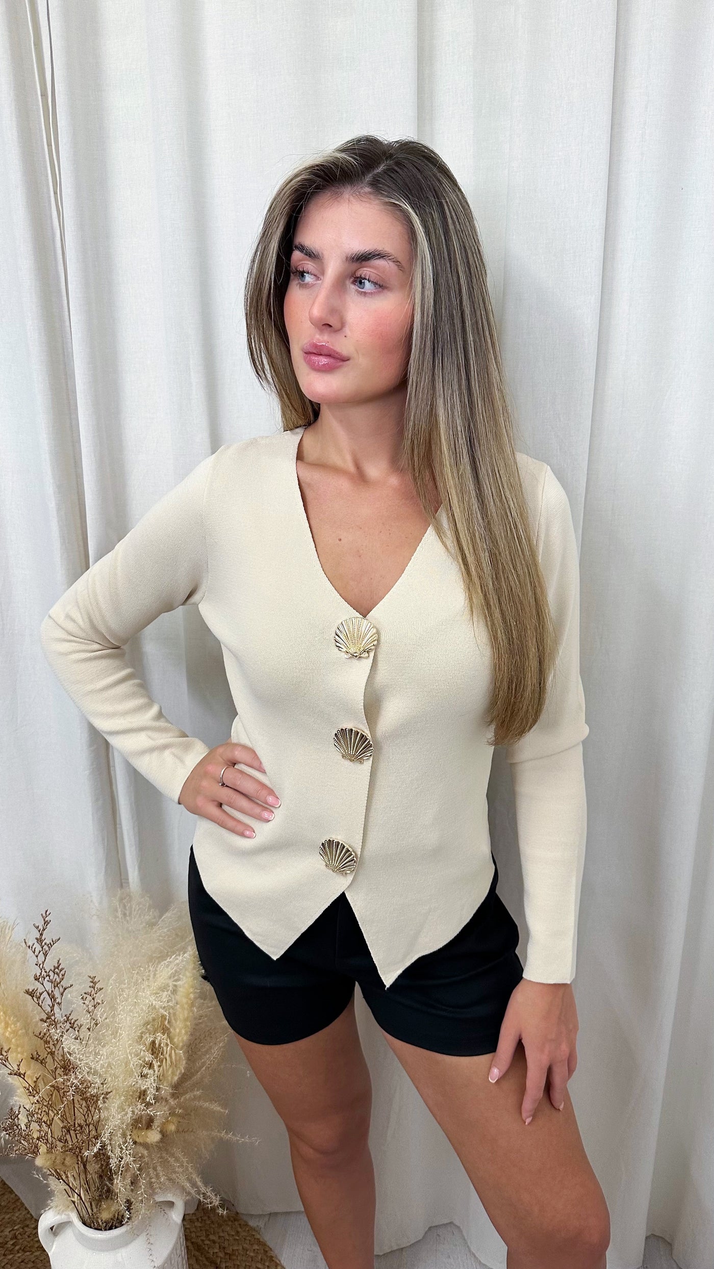 Seashell Button Long Sleeve Cardigan - BEIGE