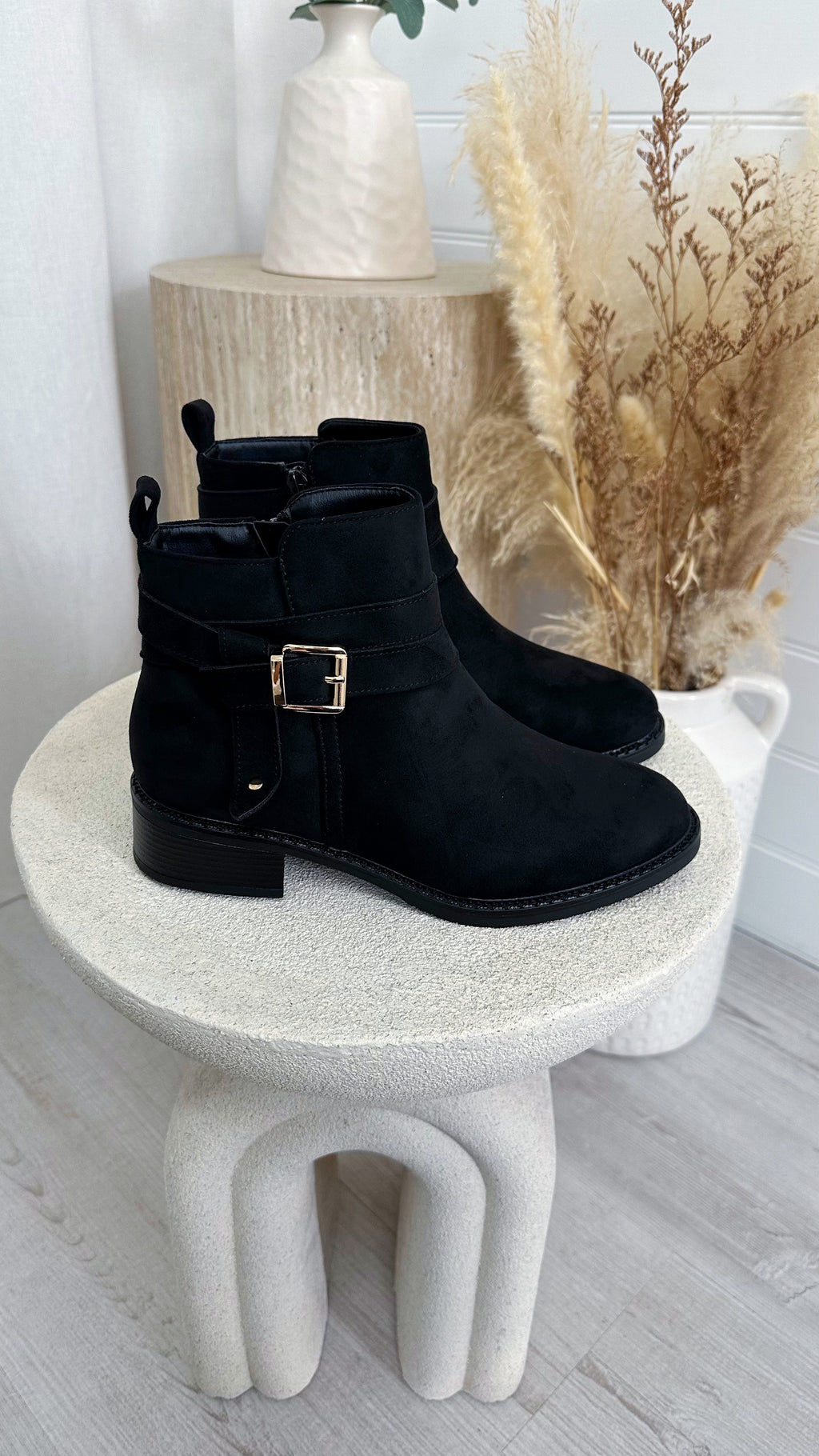 Suede Buckle Ankle Boots - BLACK