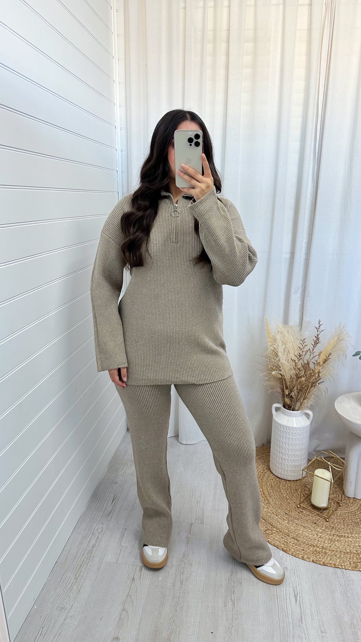 Chunky Knitted Quarter Zip Top and Trousers Co-Ord - MOCHA