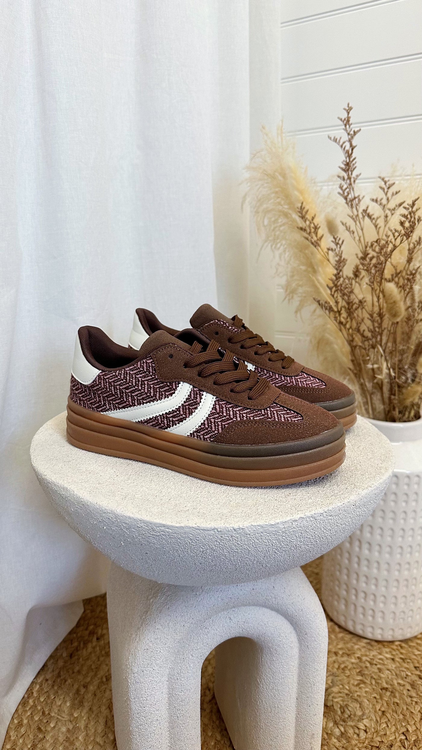 Tweed Gum Sole Trainers - WINE/BROWN
