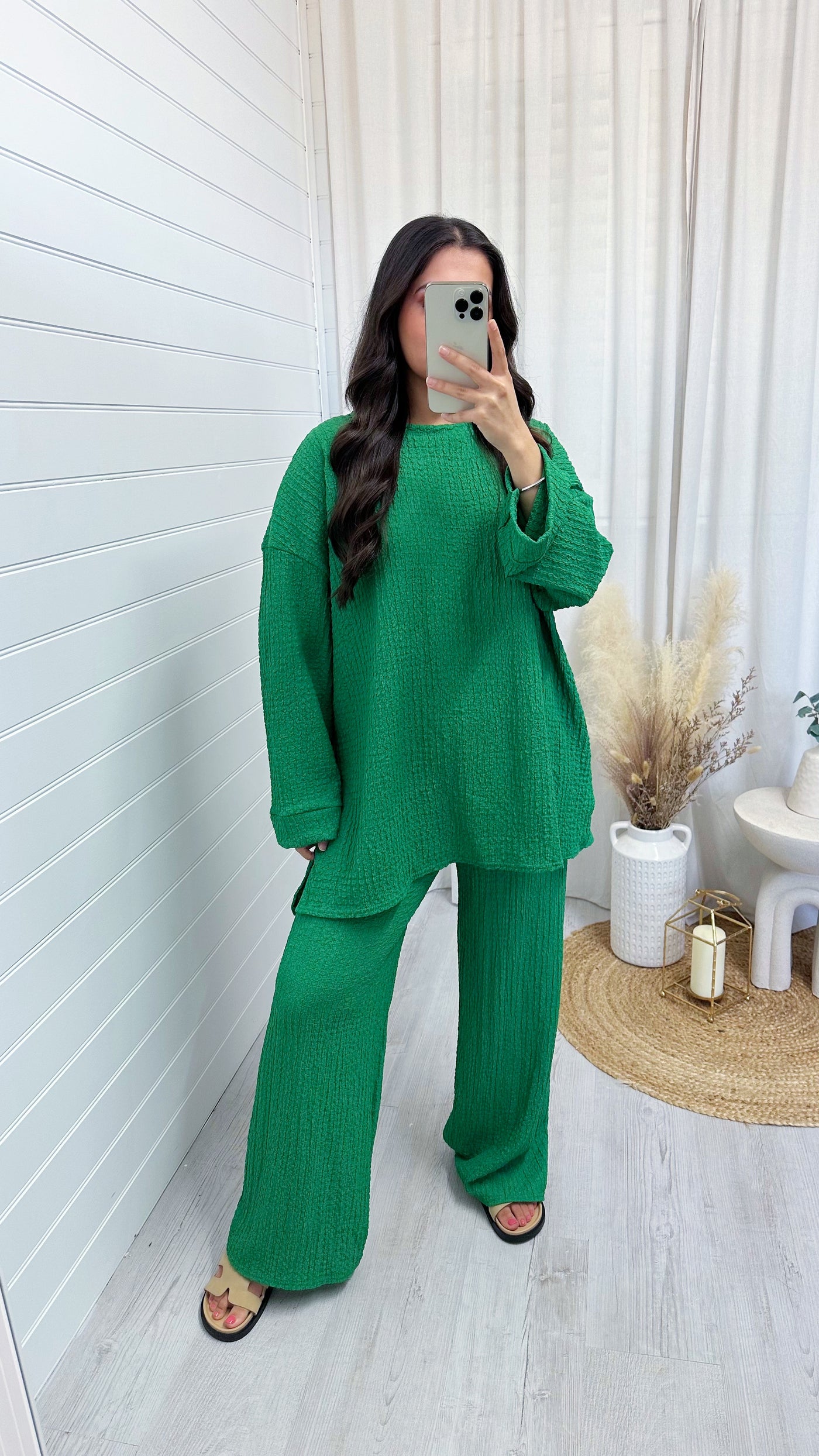 Loose Fit Cheesecloth Long Sleeve Top and Trousers Co-Ord - BRIGHT GREEN