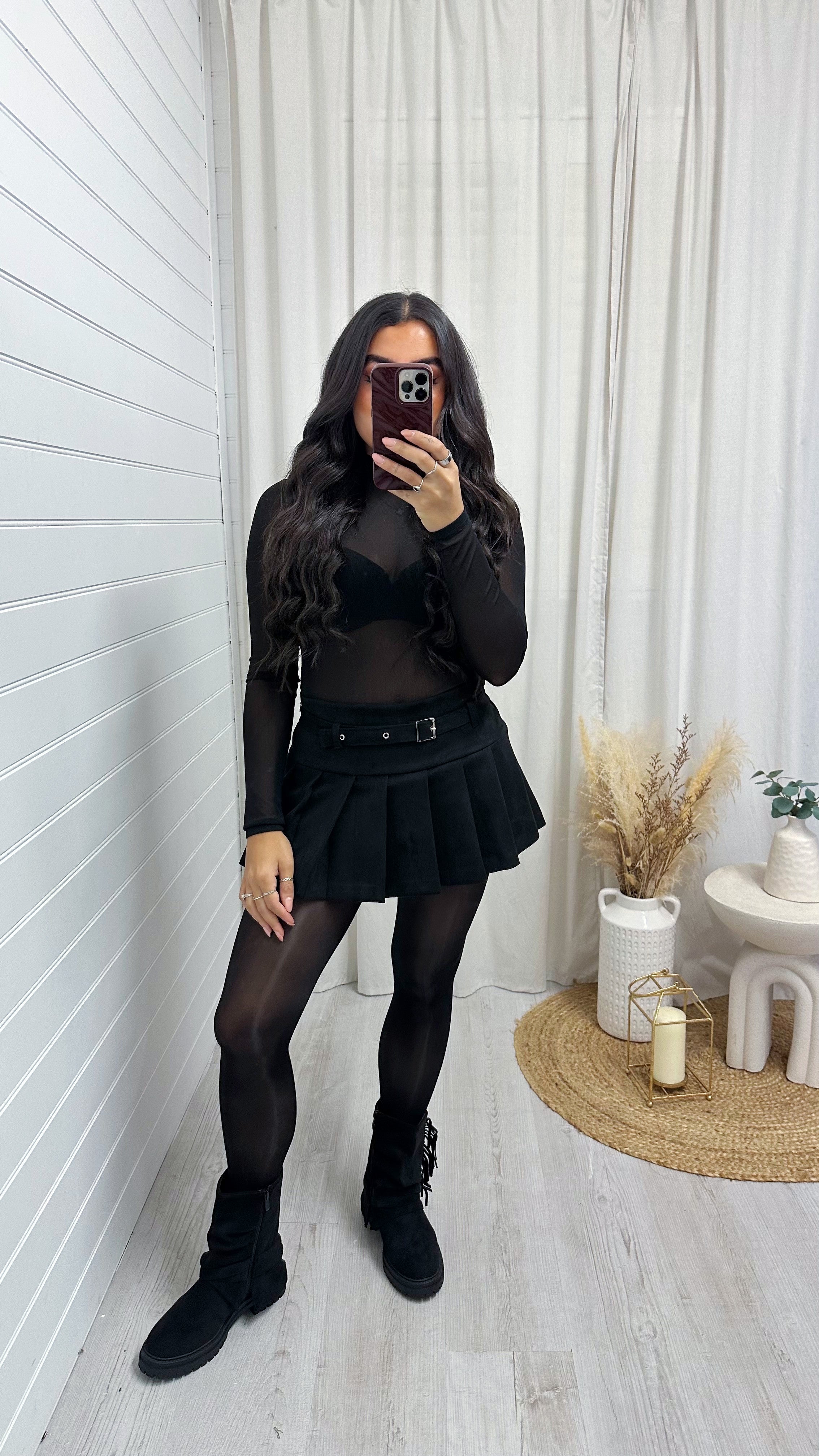 Suede Pleated Mini Tennis Skort - BLACK