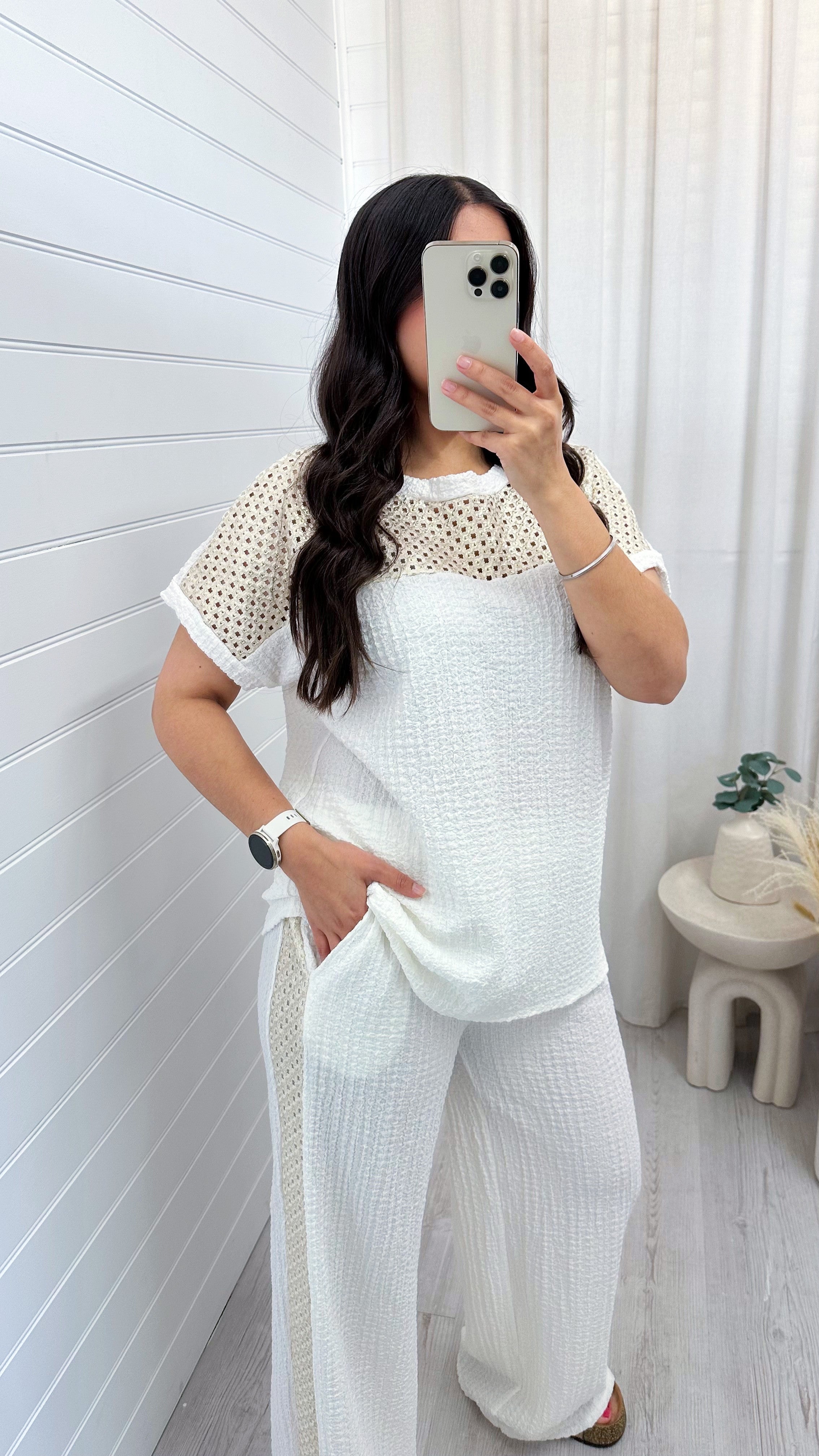 Metallic Mesh T-Shirt and Trouser Co-Ord - WHITE