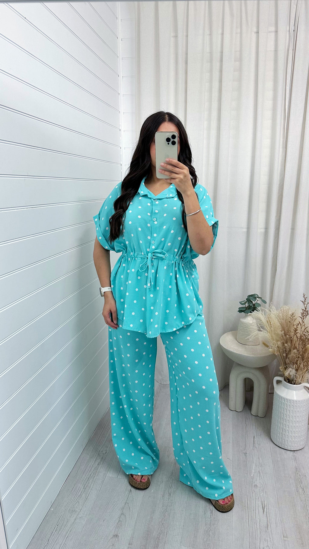 Polka Dot Cinched Shirt and Trousers Co-Ord - AQUA