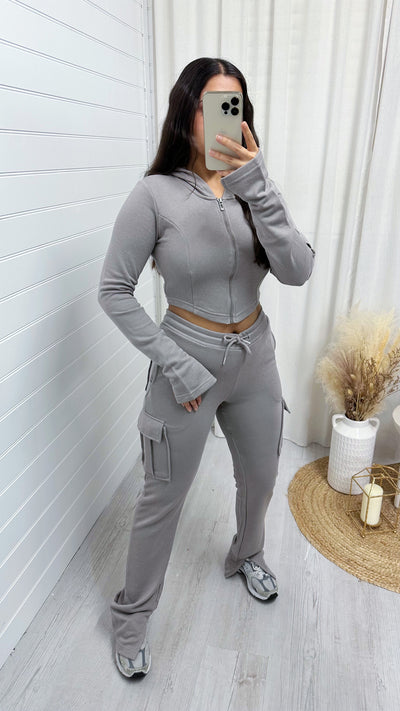 Cargo Cropped Jacket and Split Hem Joggers Tracksuit - DOVE GREY