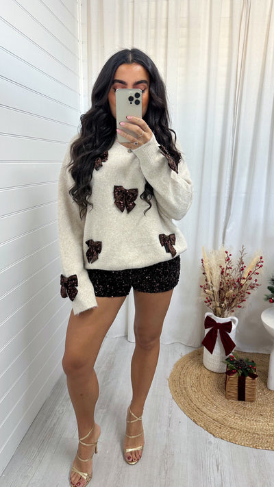 Velvet Sequin Bow Woollen Jumper - CREAM/BROWN