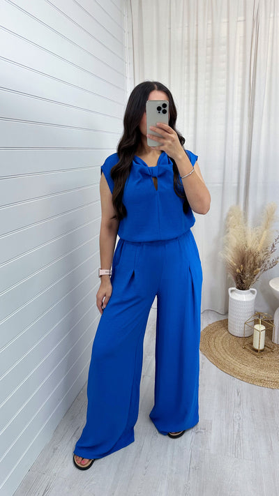 Sleeveless Bow Top and Wide Leg Trousers Co-Ord - BLUE