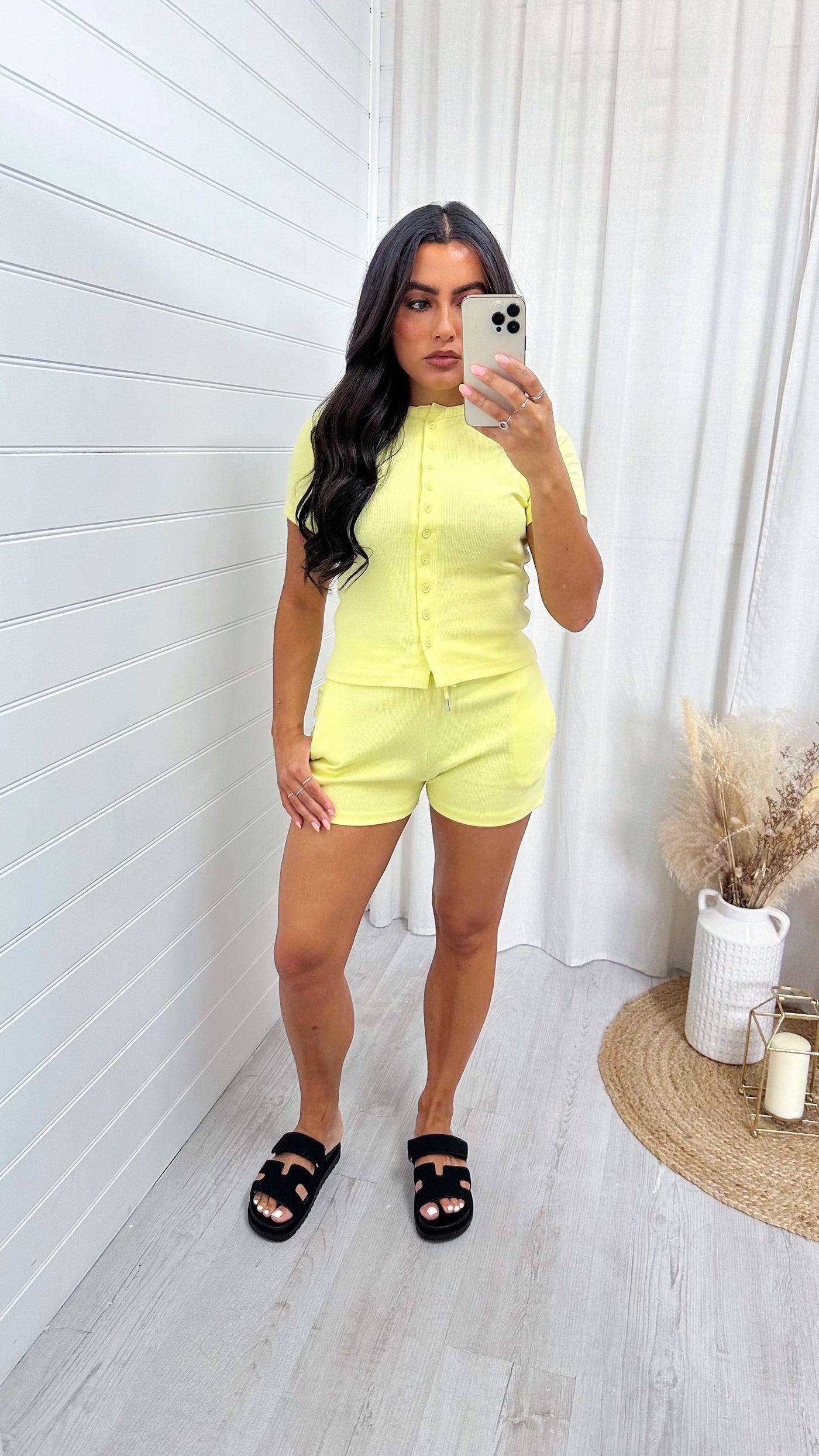 Ribbed Button Crop Top and Shorts Co-Ord - LEMON