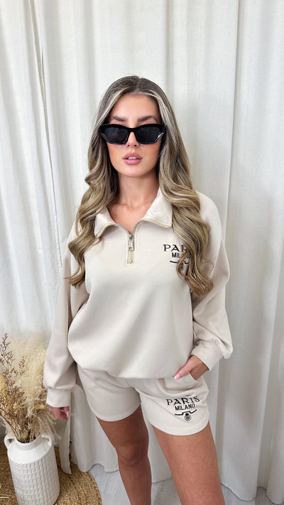 Paris Milano Embroidered Half Zip Sweatshirt and Shorts Co-Ord - MOCHA