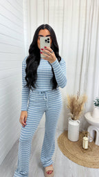 Textured Stripe Long Sleeve Top and Trousers Co-Ord - BLUE
