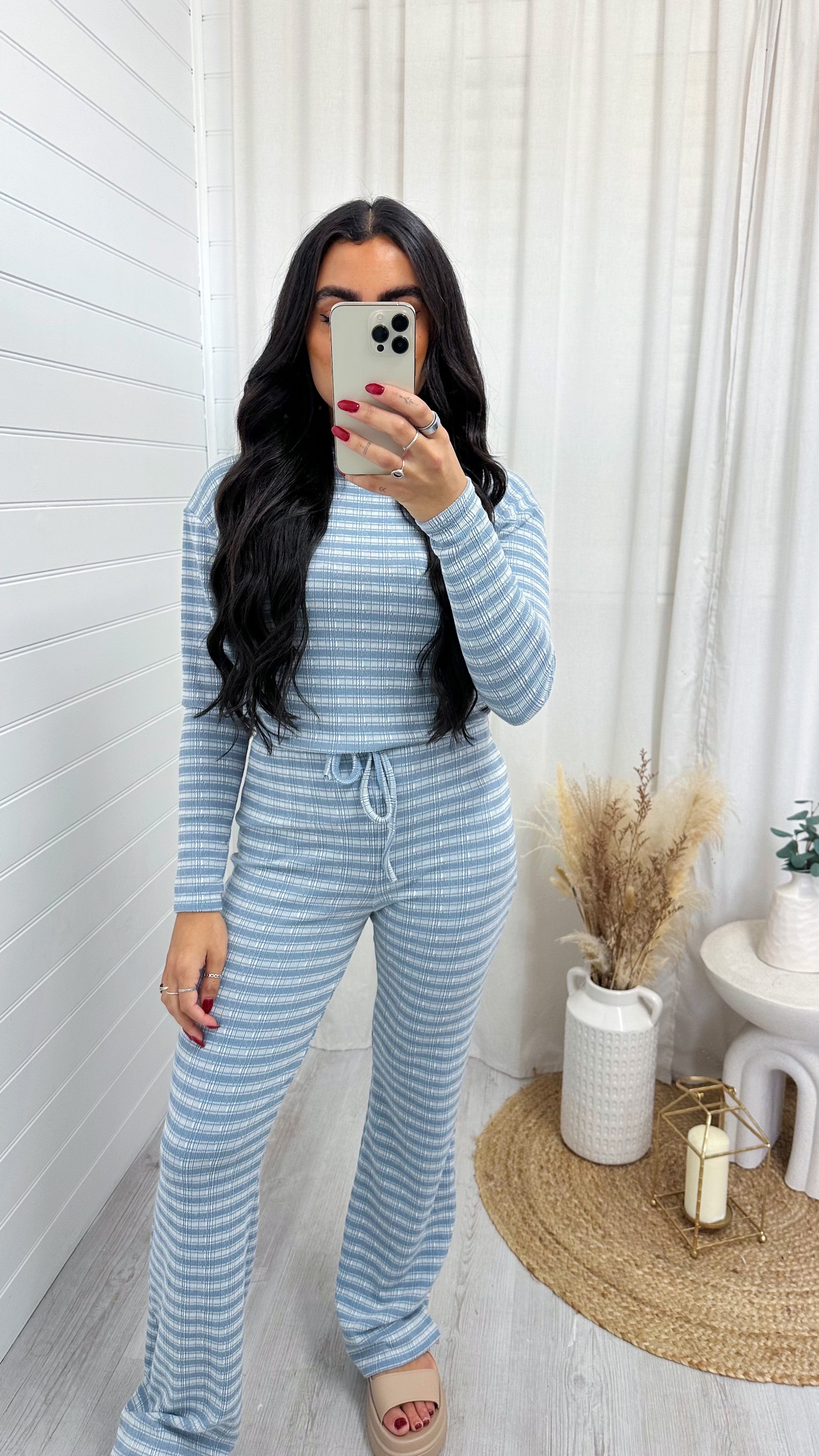 Textured Stripe Long Sleeve Top and Trousers Co-Ord - BLUE