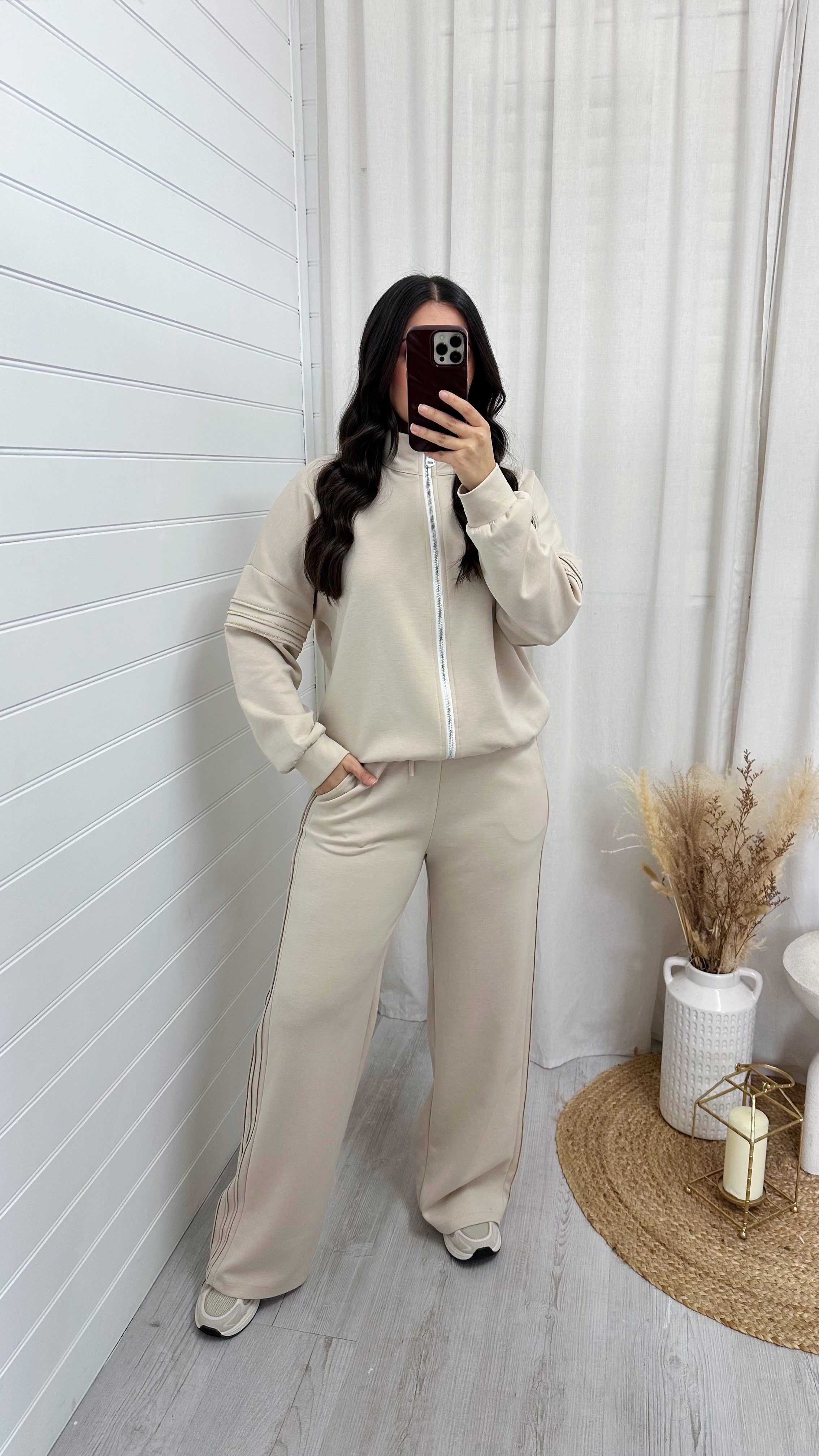 Gold Embroidered Bomber Jacket and Joggers Tracksuit - BEIGE