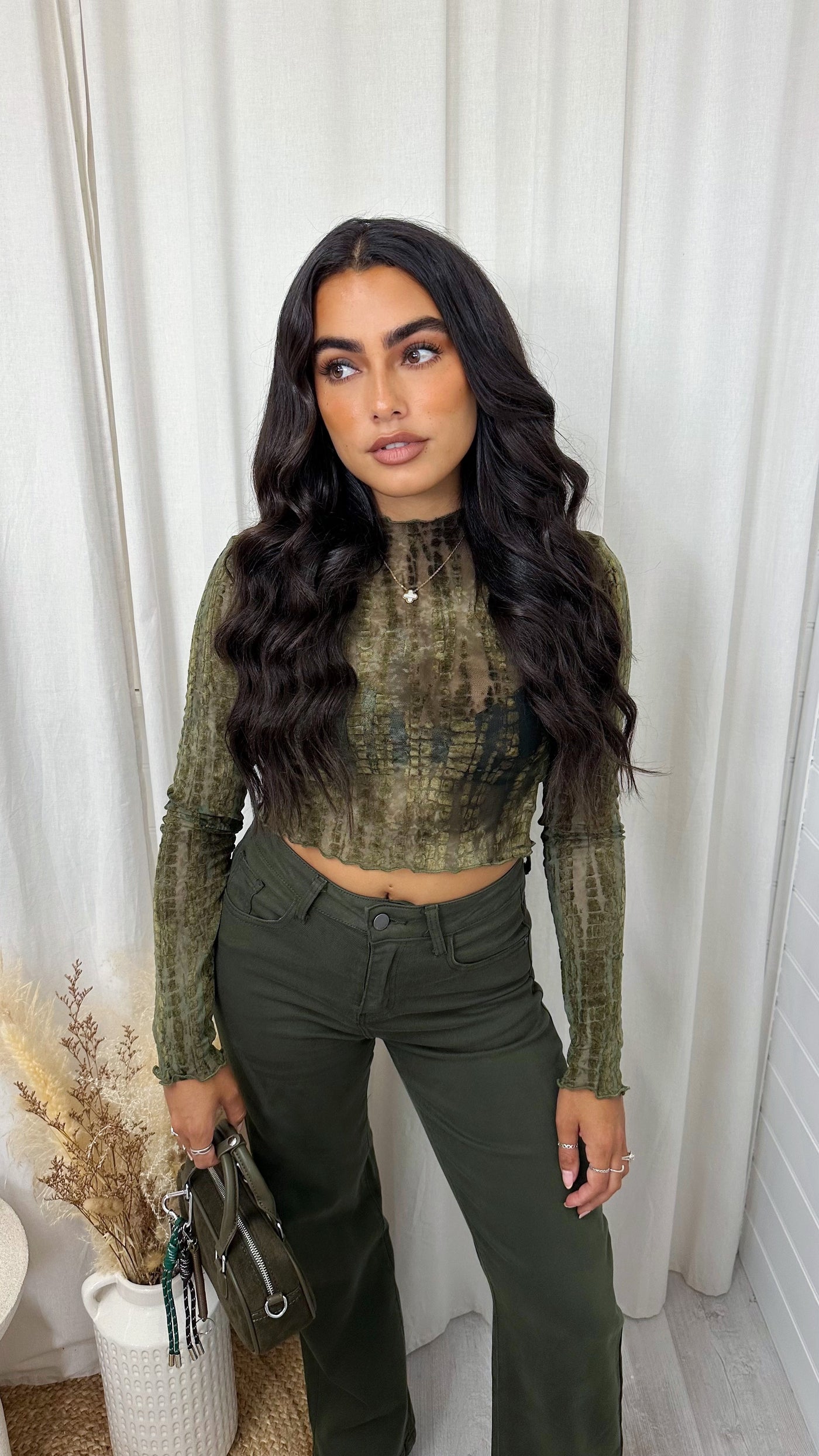 Velvet Printed Mesh Crop Top - GREEN