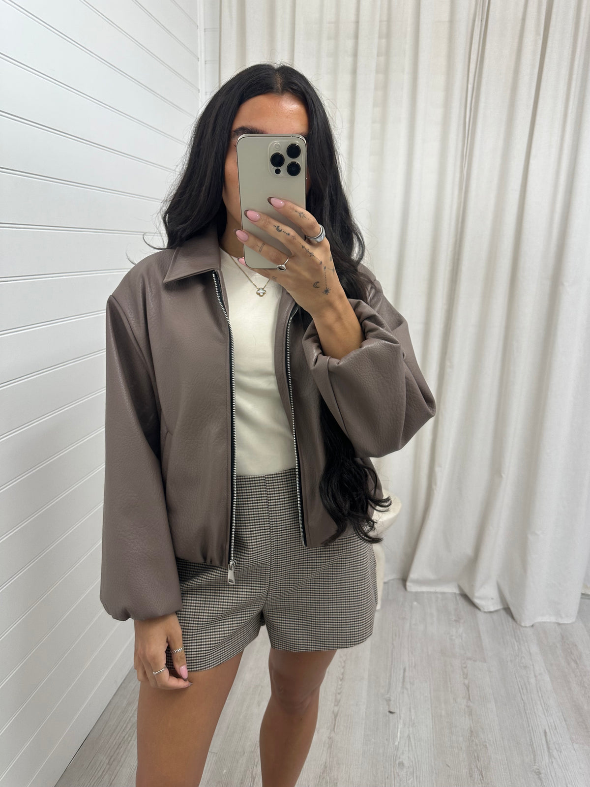 Faux Leather Bomber Jacket - TAUPE