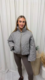 Quilted Gingham Bomber Jacket - GREY