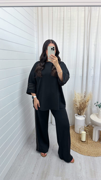 Gold Stripe Oversized Top and Wide Leg Trousers Co-Ord - BLACK