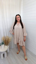 Bardot Pinstripe Summer Dress - BEIGE