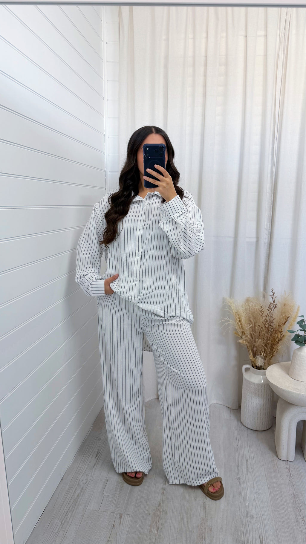 Oversized Pinstripe Shirt and Trousers Co-Ord - WHITE