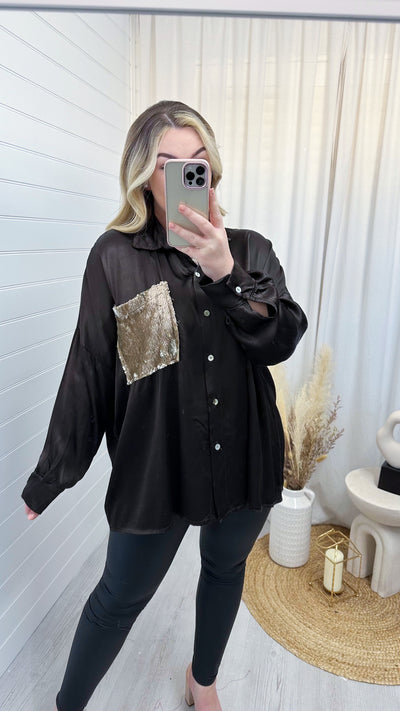 Satin Sequin Pocket Shirt -  DARK BROWN