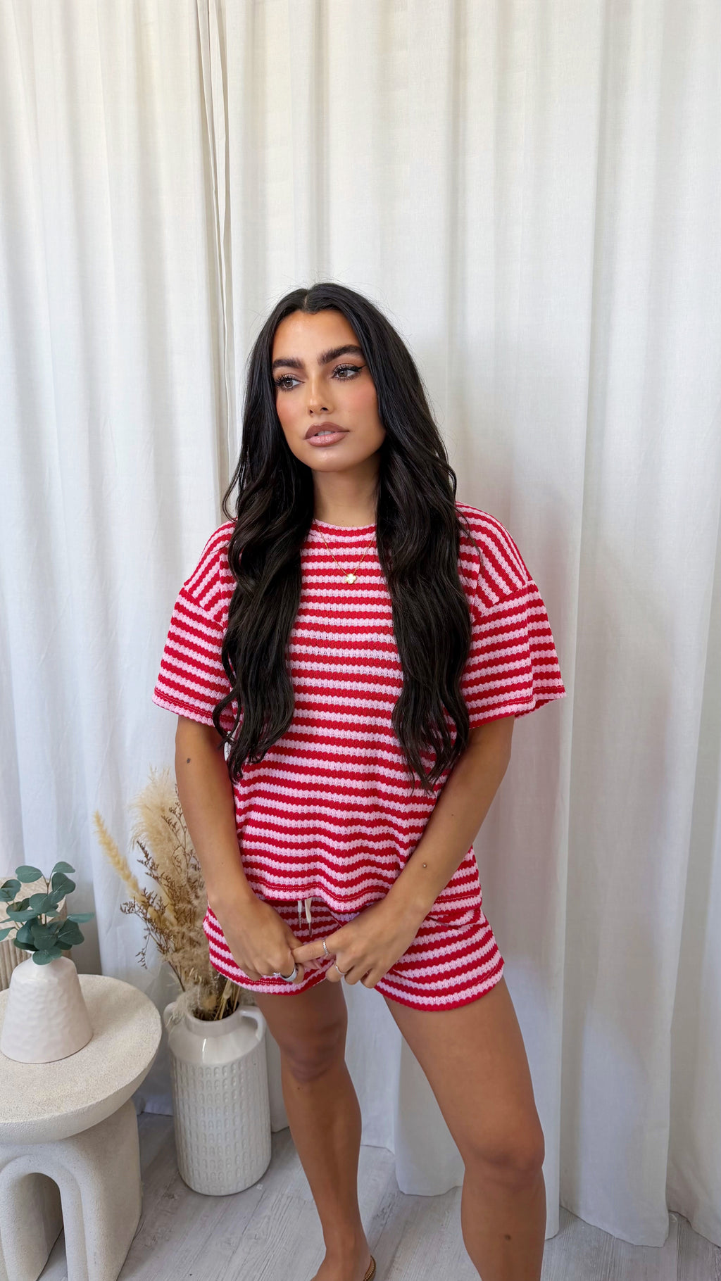 Stripey Knit T-Shirt and Shorts Co-Ord - RED