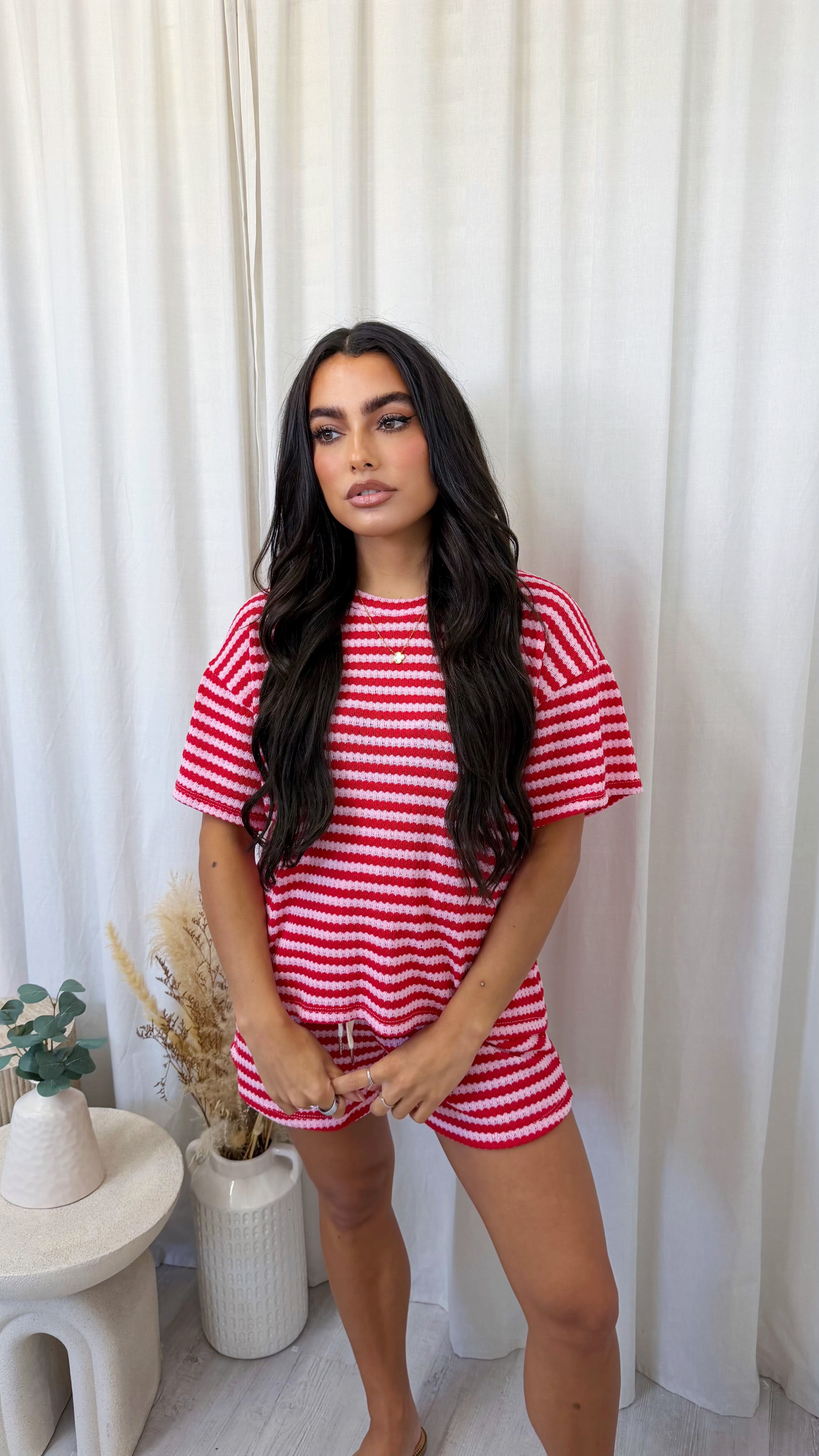 Stripey Knit T-Shirt and Shorts Co-Ord - RED
