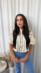 Paisley Embroidered Puff Sleeve Crop Blouse - BEIGE