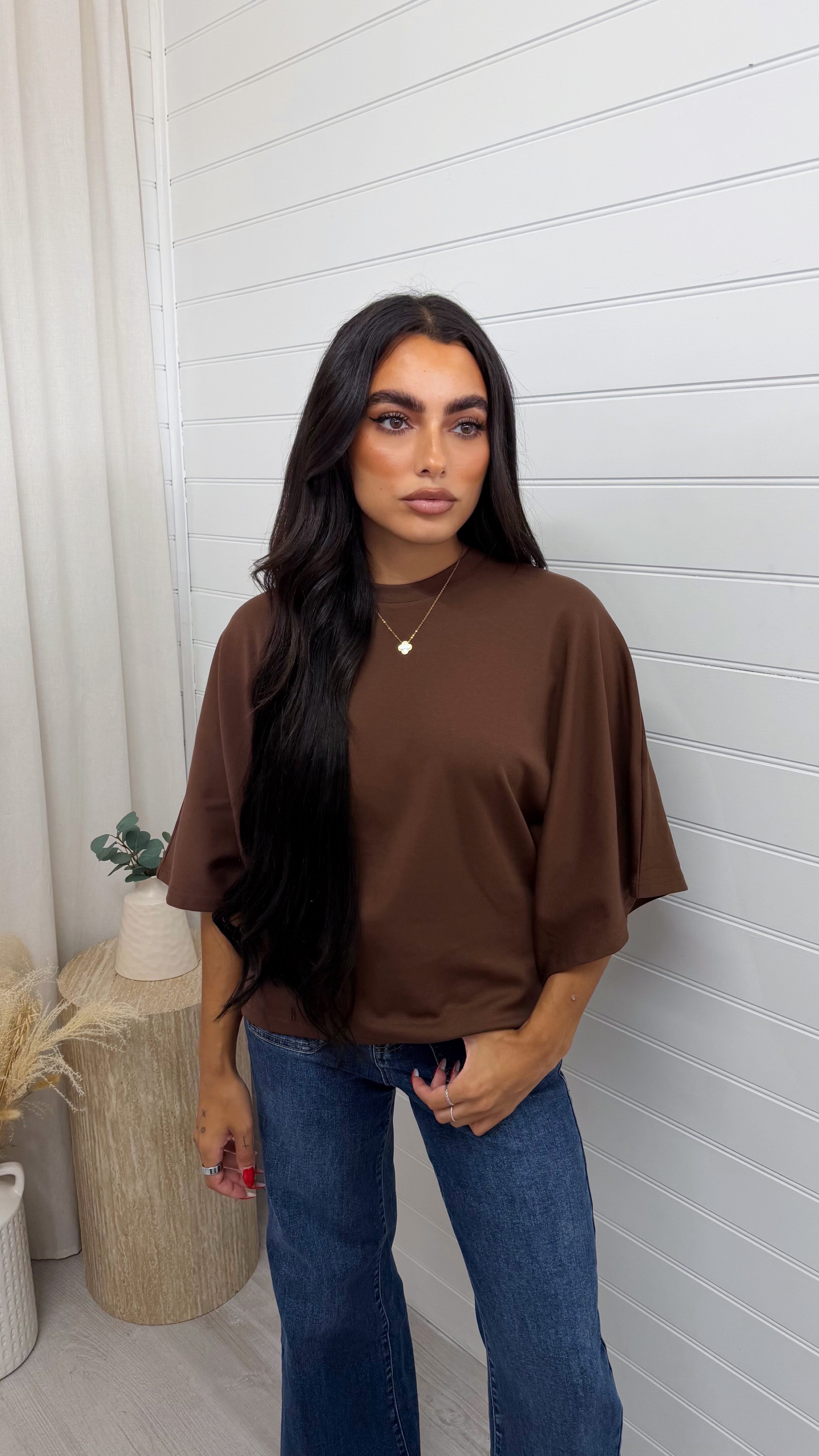 Box Sleeve Soft Cotton T-Shirt - BROWN