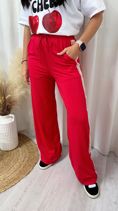 Women's Retro Plain Side Stripe Trousers - RED