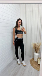 Piped Trim Sports Bra and Leggings Gym Set - BLACK