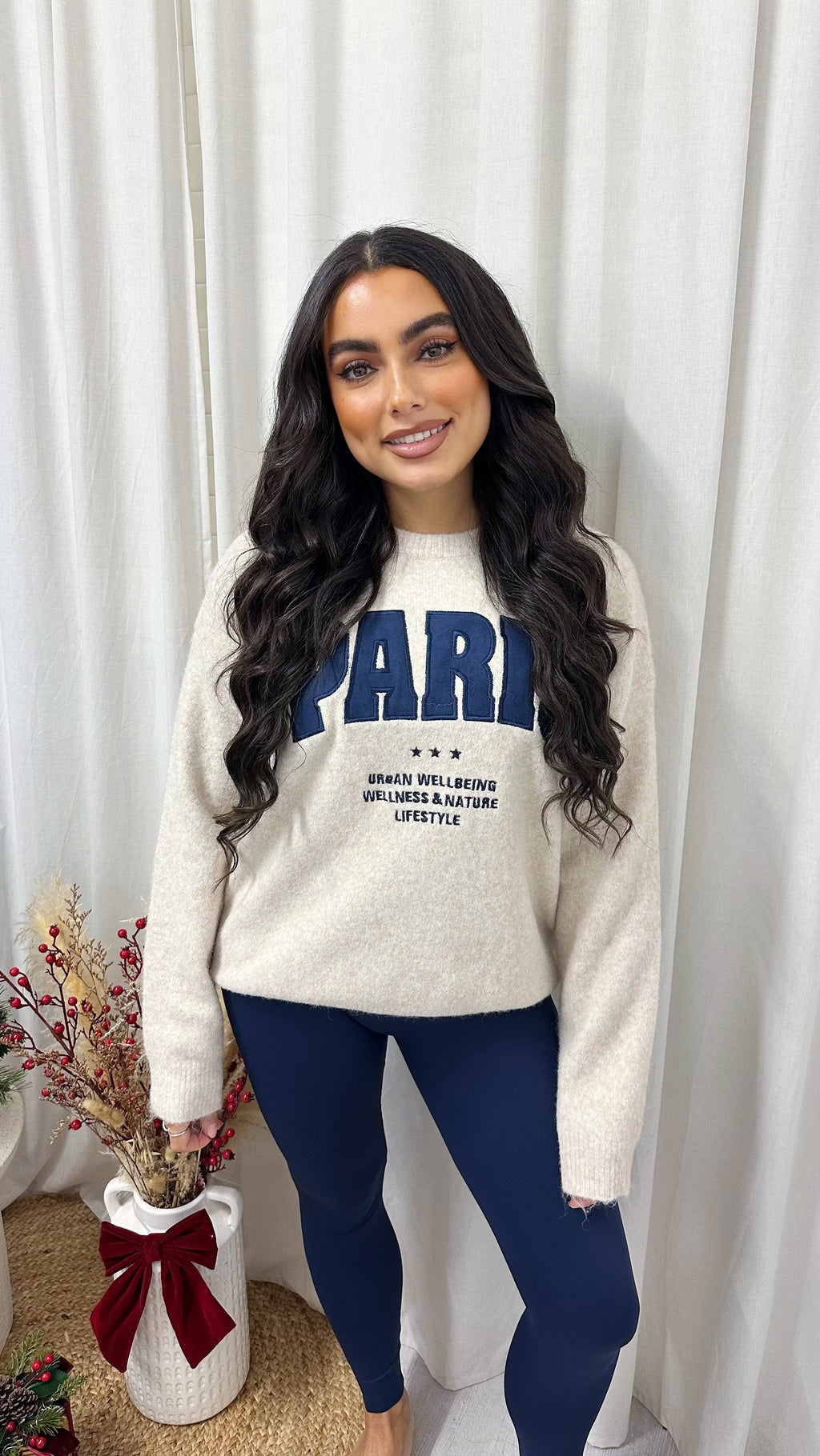 Suede PARIS Graphic Slogan Knitted Jumper - BEIGE/NAVY