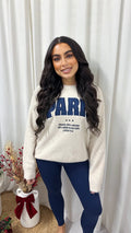 Suede PARIS Graphic Slogan Knitted Jumper - BEIGE/NAVY