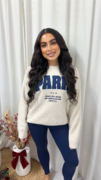 Suede PARIS Graphic Slogan Knitted Jumper - BEIGE/NAVY
