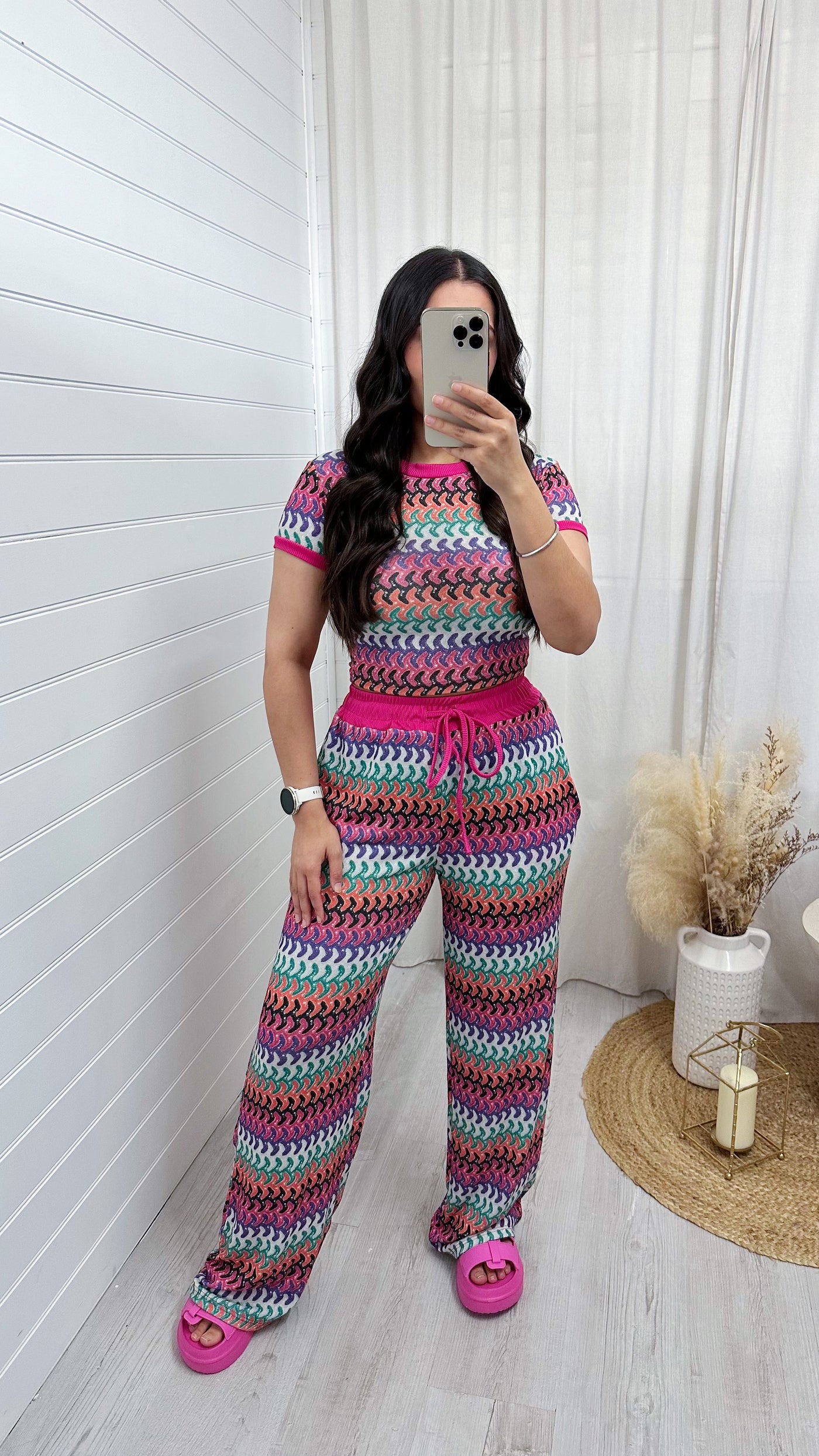 Wavy Crop Top and Straight Leg Trousers Co-Ord - PINK