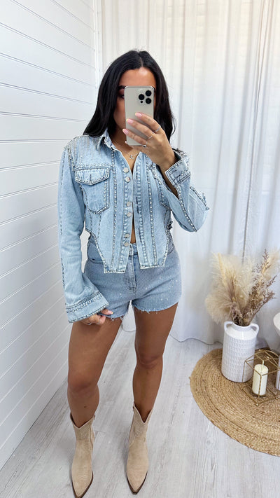 Diamante Tassel Denim Jacket - LIGHT WASH BLUE