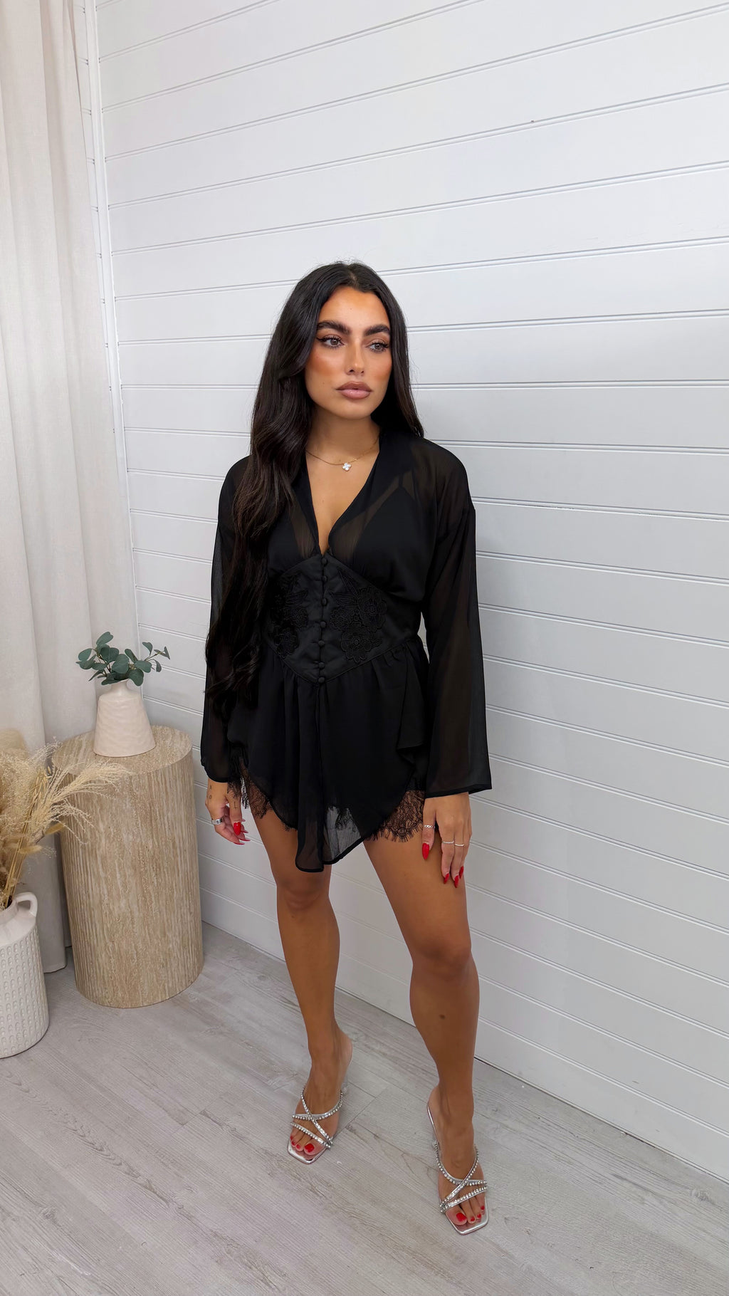 Sheer Corset Dip Hem Shirt - BLACK