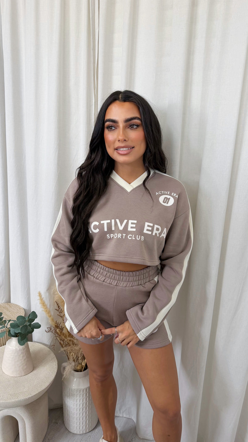 Racer Graphic Crop Sweatshirt and Shorts Co-Ord - MOCHA