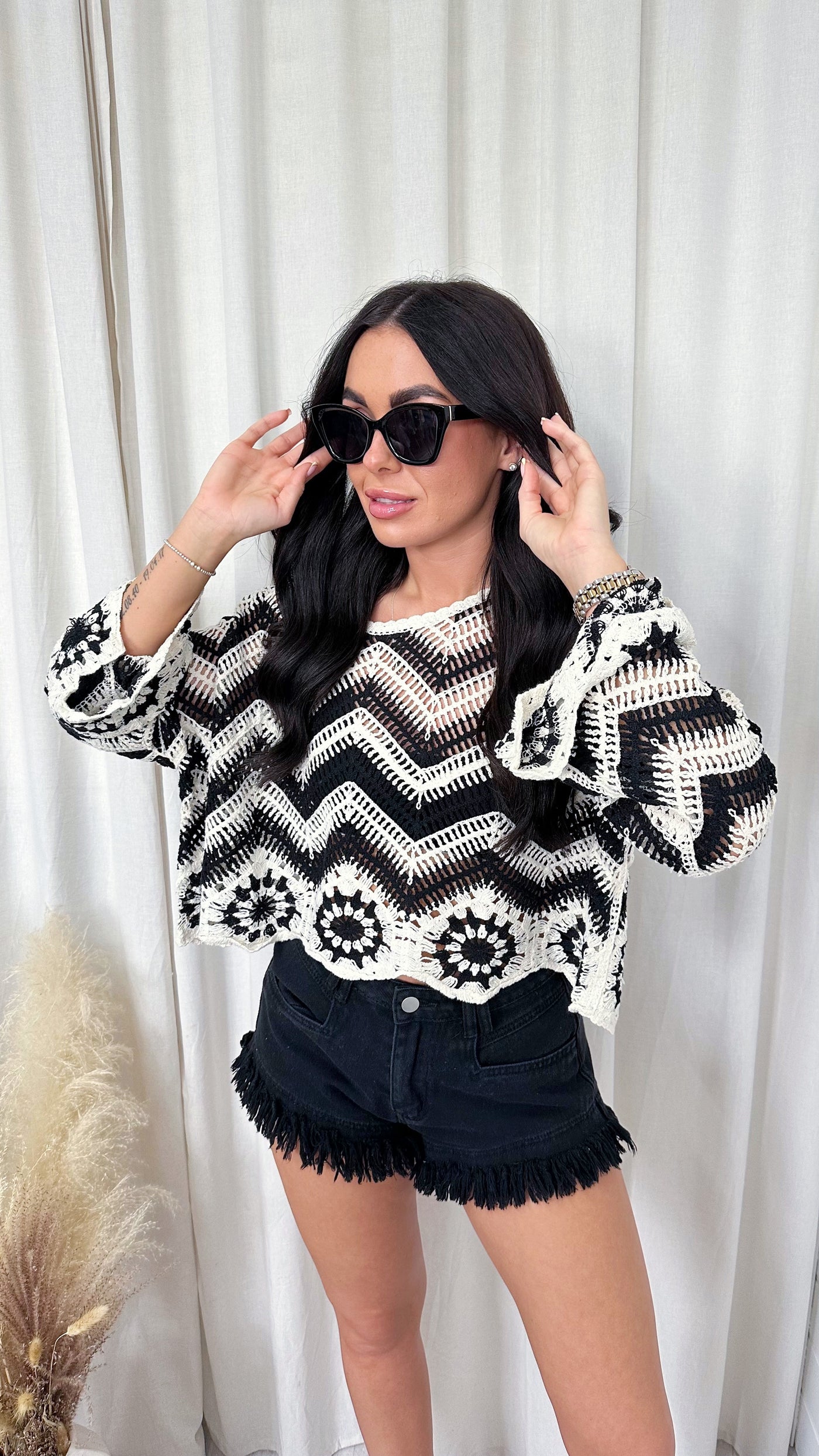 Crochet Bell Sleeve Top - BLACK/WHITE