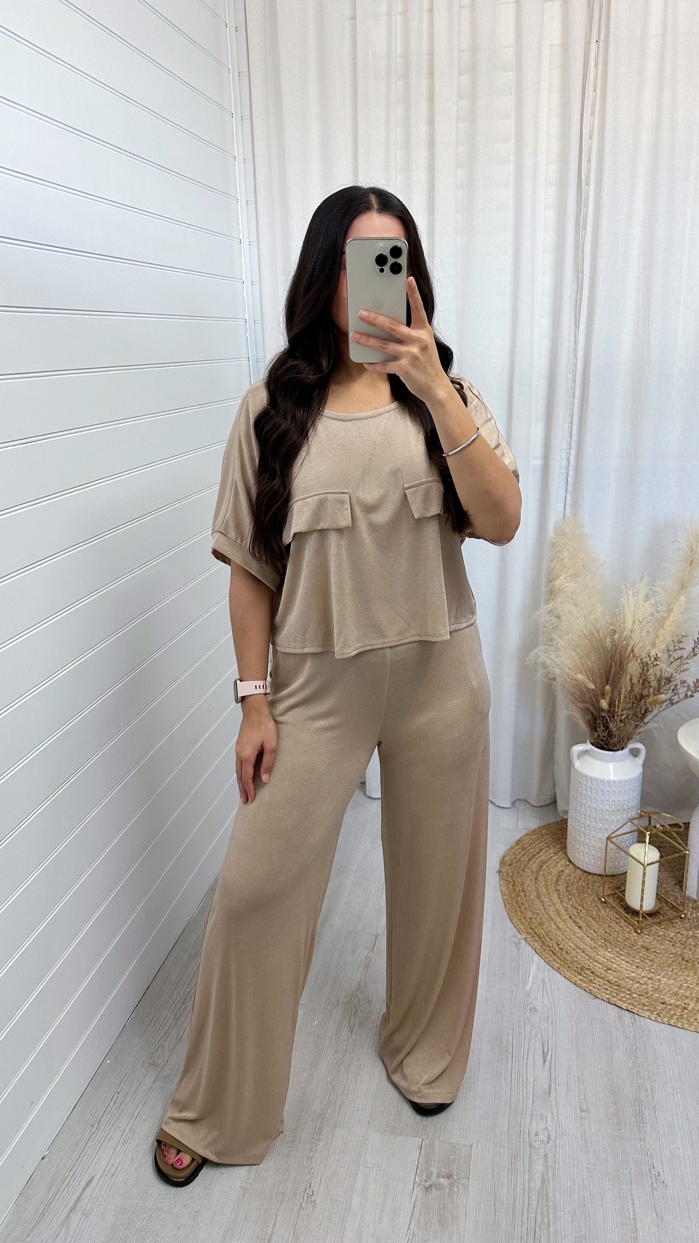 Cropped Loose Fit Top and Trousers Co-Ord - BEIGE