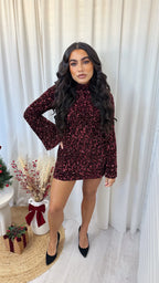 Velvet Sequin Bell Sleeve Dress - WINE