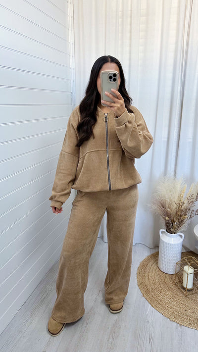 Cord Oversized Bomber Jacket and Joggers Co-Ord - CARAMEL