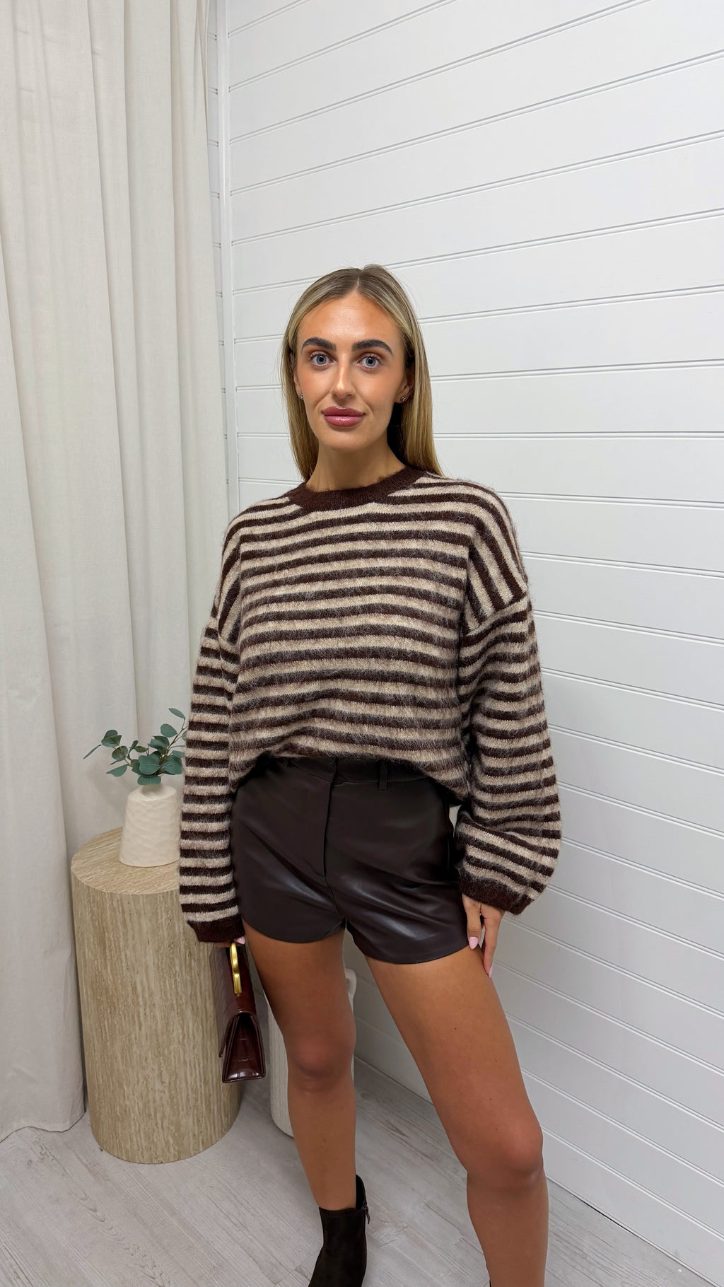 Mohair Stripe Baggy Sleeve Jumper - BROWN