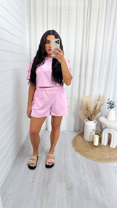Velvet Bow Crop Top and Shorts Co-Ord - BABY PINK